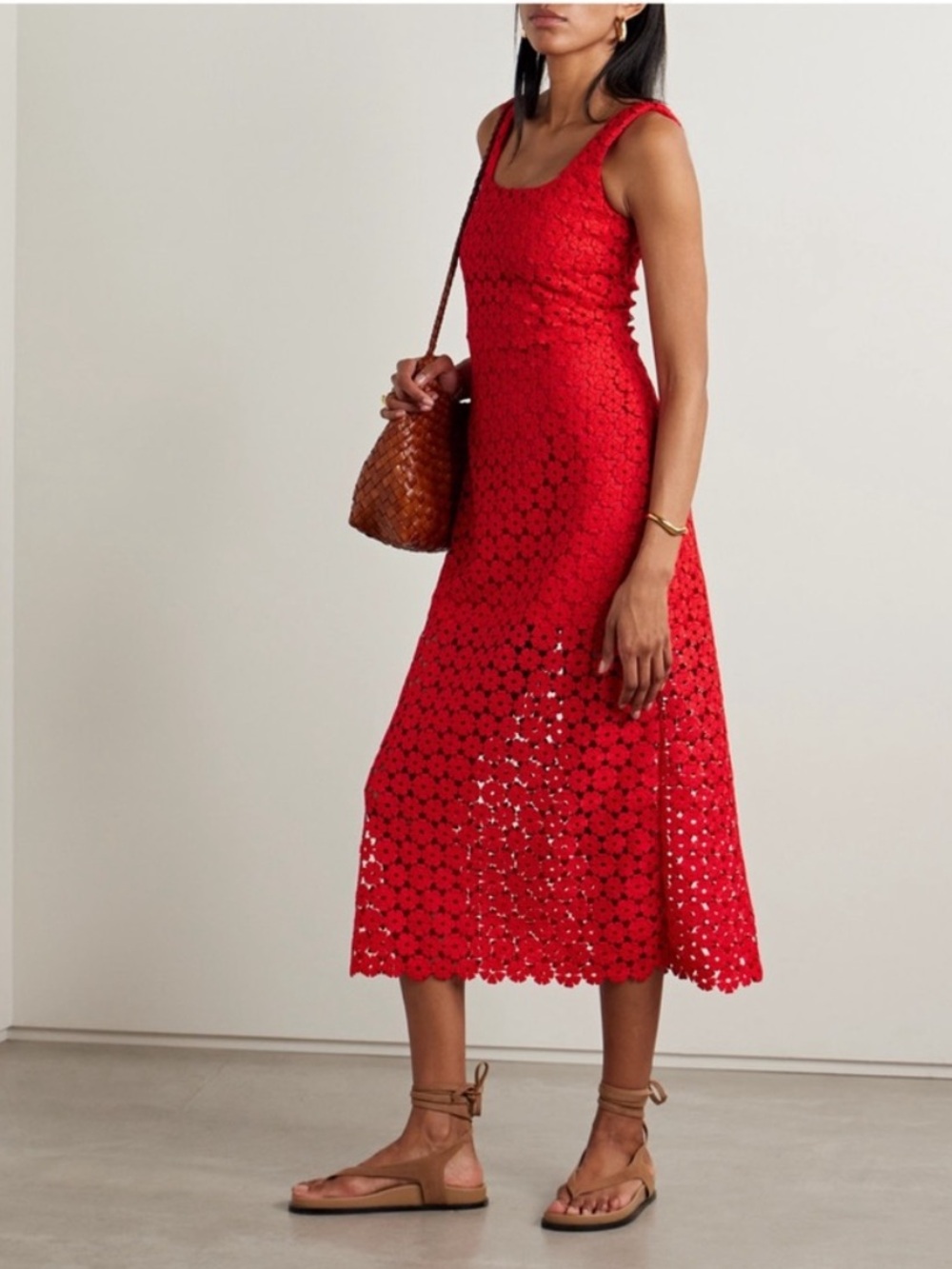 Waimari Dress Jill Midi Tank in Red Radiant Guipure Eyelet Floral Lace